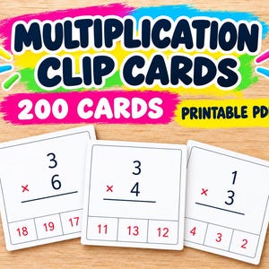 May include: Multiplication clip cards printable PDF set of 200 cards. Three white square cards feature black multiplication problems with red multiplication signs and red multiple-choice answers at the bottom, set against a colourful background.