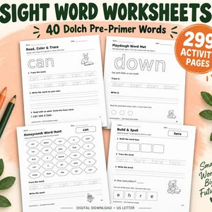 Può includere: Una raccolta di schede didattiche per le sight words con 40 parole Dolch Pre-Primer su 299 pagine di attività. I fogli bianchi includono esercizi come Read, Color & Trace, Playdough Word Mat, Honeycomb Word Hunt e Build & Spell.
