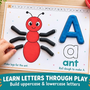 May include: A white educational activity mat featuring a red ant illustration with black playdough legs, a large blue playdough letter A, and the text "Make legs for the ant" and "Roll dough to make A" with an alphabet strip at the top.