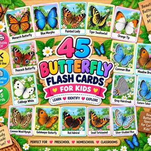 May include: A set of 45 butterfly flash cards for kids featuring various species like the Monarch, Blue Morpho, and Painted Lady. The cards display colorful butterfly illustrations with names, set against a background with text and floral accents.
