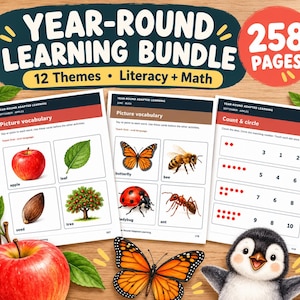 May include: A Year-Round Learning Bundle educational set featuring 258 pages of literacy and math activities across 12 themes. The pages display picture vocabulary cards of apples, leaves, seeds, trees, butterflies, bees, ladybugs, and ants.