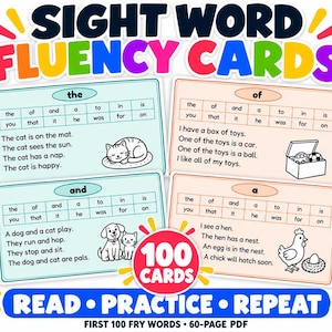 Può includere: Un set di schede didattiche per la lettura di parole comuni con il testo SIGHT WORD FLUENCY CARDS, 100 CARDS e READ PRACTICE REPEAT. Le schede mostrano varie frasi, elenchi di parole e illustrazioni in bianco e nero di animali e oggetti.
