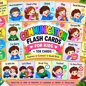 Può includere: Un set di 108 flashcard di comunicazione per bambini con illustrazioni colorate di personaggi che esprimono bisogni ed emozioni. Ogni carta mostra testo come I Need Headphones, I Need a Hug, Drink, Play, Good Morning, I Feed Calm, Excuse Me, I'm Sorry, Thank You, Sit With Me, Let's Share, Break Time, Finished e Go Away Please.