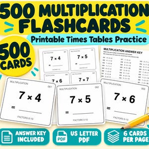 Puede incluir: Un conjunto de 500 tarjetas didácticas de multiplicación imprimibles con problemas matemáticos de factores 0-10. Las tarjetas muestran ecuaciones como 7x4, 7x5 y 7x6 con líneas en blanco para respuestas. Incluye una clave de respuestas y un lápiz.