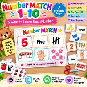 Puede incluir: Un conjunto de actividades educativas Number Match 1-10 con páginas imprimibles para el reconocimiento de números, conteo y motricidad fina. El set incluye un tablero principal con ejemplos del número cinco, varias tarjetas con números, palabras e ilustraciones, y unas tijeras rojas.