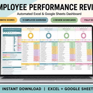 Puede incluir: Una pantalla de portátil que muestra un panel de evaluación del desempeño de los empleados para Excel y Google Sheets. La interfaz presenta gráficos coloridos, tablas de datos y tarjetas de puntuación para quince empleados con encabezados de texto.