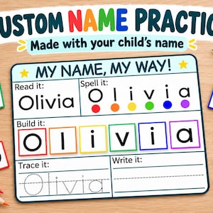 Puede incluir: Una hoja de práctica de nombres personalizada titulada MY NAME, MY WAY! con el nombre Olivia. La hoja incluye secciones para leer, deletrear, construir, trazar y escribir el nombre, rodeada de fichas de letras coloridas y lápices de colores.