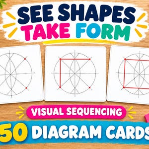 May include: A set of 50 diagram cards titled See Shapes Take Form and Visual Sequencing. The cards feature white squares with black dashed circles and intersecting lines, showing the progression of drawing a red square inside a circle.