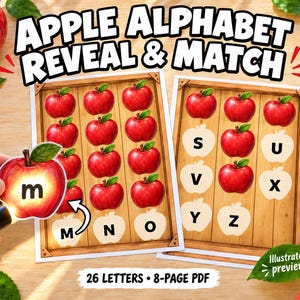 May include: An educational Apple Alphabet Reveal & Match activity set featuring two wooden crate illustrations with red apples. One apple cutout shows the lowercase letter m. The boards display uppercase letters S, U, V, X, Y, Z, M, N, O. Includes 26 letters and an 8-page PDF.
