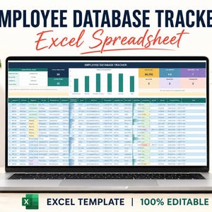 Könnte beinhalten: Ein Laptop-Bildschirm zeigt eine Excel-Tabellenvorlage zur Mitarbeiterdatenbank-Verfolgung. Die Benutzeroberfläche umfasst ein Dashboard mit Balkendiagrammen, zusammenfassenden Kennzahlen und eine detaillierte Datentabelle mit Zeilen.