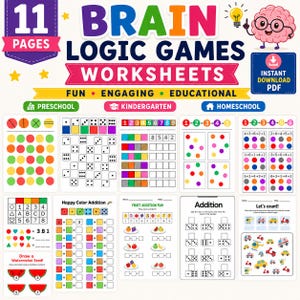 May include: A set of 11 pages of Brain Logic Games Worksheets featuring colourful educational activities for preschool, kindergarten, and homeschool. The pages include counting, addition, and pattern recognition exercises with dice, fruit, and vehicle graphics.