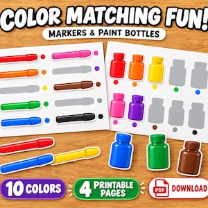 Pode incluir: Um conjunto de atividades imprimível intitulado COLOR MATCHING FUN! MARKERS & PAINT BOTTLES com 10 cores e 4 páginas imprimíveis. O conjunto inclui ilustrações de marcadores e frascos de tinta vermelhos, laranjas, rosas, verdes, azuis, castanhos e pretos.
