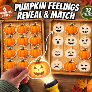 Könnte beinhalten: Ein druckbares Aktivitätsset mit dem Titel PUMPKIN FEELINGS REVEAL & MATCH mit zwei Holzbrettern. Ein Brett zeigt zwölf orangefarbene Kürbisse, während das andere zwölf Kürbisumrisse mit verschiedenen Gesichtsausdrücken und zwei orangefarbene Kürbisse zeigt.
