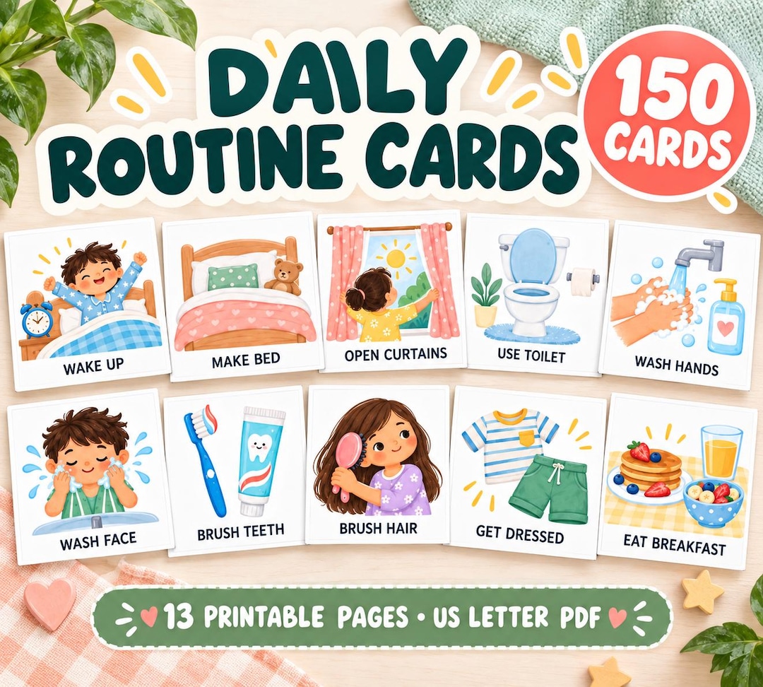150 Daily Routine Cards for Kids, Printable Visual Schedule, Morning ...