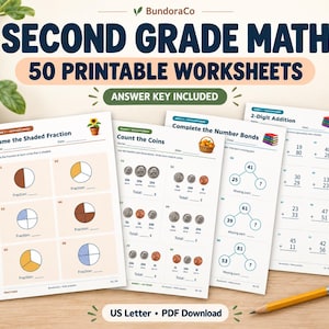 Pode incluir: Um conjunto de 50 fichas de matemática imprimíveis para o segundo ano, com exercícios sobre frações, contagem de moedas, relações numéricas e somas de dois dígitos, incluindo instruções, ilustrações e gabarito para prática escolar.