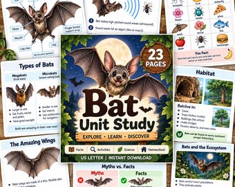 May include: A digital educational resource titled Bat Unit Study featuring 23 pages of information about bats. The cover displays a cartoon bat flying in front of a full moon, surrounded by smaller pages detailing bat anatomy, echolocation, diet, habitats, and myths.