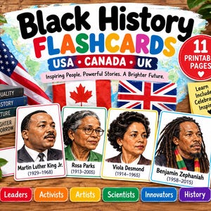 May include: Black History Flashcards featuring portraits of Martin Luther King Jr., Rosa Parks, Viola Desmond, and Benjamin Zephaniah. The set includes 11 printable pages covering USA, Canada, and UK history with text labels for leaders and activists.