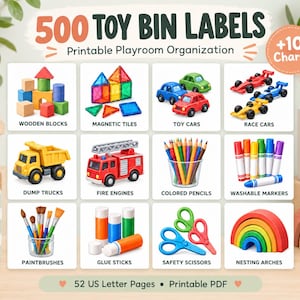 Puede incluir: Un gráfico digital titulado 500 TOY BIN LABELS Printable Playroom Organization que muestra doce iconos cuadrados de juguetes, incluyendo bloques de madera, azulejos magnéticos, coches, camiones, lápices de colores, marcadores, pinceles, pegamento, tijeras y arcos de madera.