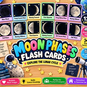 Puede incluir: Un juego de 12 tarjetas educativas con fases lunares realistas, incluyendo luna nueva, cuarto creciente y luna llena. Las tarjetas se muestran junto a un astronauta, un telescopio y el texto Moon Phases Flash Cards.