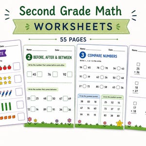 May include: A set of Second Grade Math Worksheets containing 55 pages. The document features four distinct pages with exercises including counting objects, identifying numbers before, after, and between, comparing numbers, and addition problems.