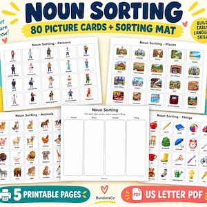 Puede incluir: Un conjunto educativo de clasificación de sustantivos con 80 tarjetas ilustradas y una alfombrilla de clasificación. Las páginas incluyen categorías para personas, lugares, animales y cosas con ilustraciones coloridas y etiquetas. Formato PDF.