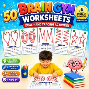 May include: A digital product cover for 50 Brain Gym Worksheets featuring dual-hand tracing activities. The design includes colorful text, five sample activity cards with heart, oval, M, zigzag, and star patterns, and a cartoon brain character.