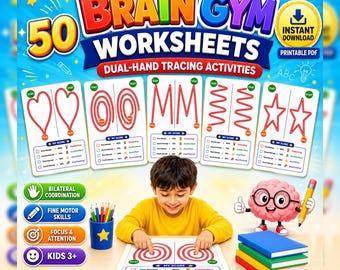 50 Arbeitsblätter für Neuro Brain Gym, Übungen zum beidhändigen Nachzeichnen, bilaterale Koordination, druckbare PDF-Datei für Kinder