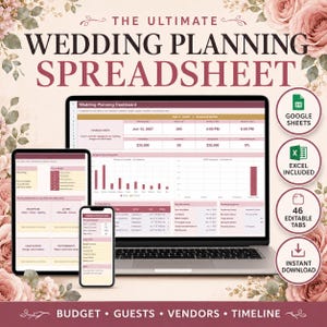Wedding Planner Spreadsheet for Google Sheets & Excel: Budget, Guest List, RSVP, Timeline, Seating Chart, 46-Tab Template