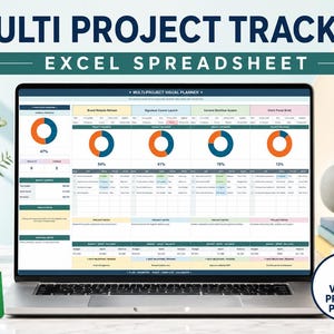 May include: A laptop screen displays a multi-project tracker Excel spreadsheet with a dashboard featuring donut charts, project status tables, and budget summaries. The interface includes sections for portfolio overview, project notes, and financial data.