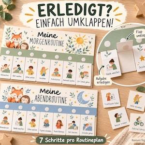 May include: Two rectangular routine charts with illustrations of a fox and hedgehog. One chart is labelled Meine Morgenroutine with seven flaps, and the other is labelled Meine Abendroutine with seven flaps. Each flap shows a daily task icon.