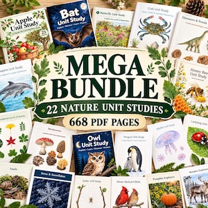 Puede incluir: Una colección de 22 unidades de estudio sobre la naturaleza con títulos sobre manzanas, murciélagos, mariposas, cangrejos, dinosaurios, delfines, abejas, hojas, setas, búhos, pingüinos, medusas, mariquitas, caracoles, nieve, arañas, aves, calabazas y renos.