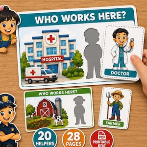 Puede incluir: Tarjetas de juego educativo con personajes y lugares de trabajo ilustrados. Una tarjeta muestra un hospital con una ambulancia y un médico. Otra tarjeta muestra una granja con un granero, una vaca y un granjero. Incluye etiquetas de texto.