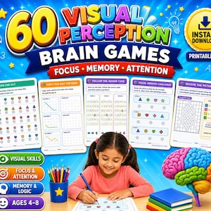 Visual Perception Worksheets for Kids, 60 Focus and Attention Brain Games, Printable PDF