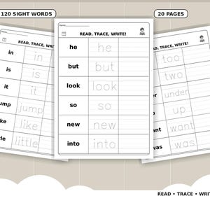 May include: Three white educational worksheets featuring the text READ, TRACE, WRITE! at the top. Each page includes a table with columns for reading words, tracing dotted letters, and writing space. Labels indicate 120 SIGHT WORDS and 20 PAGES.