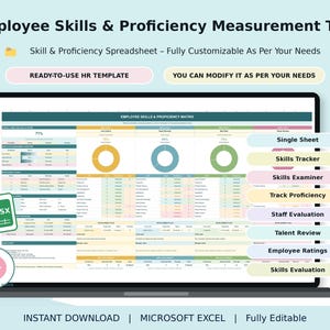 May include: A laptop screen displaying an Employee Skills & Proficiency Measurement Tool spreadsheet. The interface includes charts, data tables, and buttons labeled Single Sheet, Skills Tracker, Skills Examiner, Track Proficiency, Staff Evaluation, Talent Review, Employee Ratings, and Skills Evaluation.