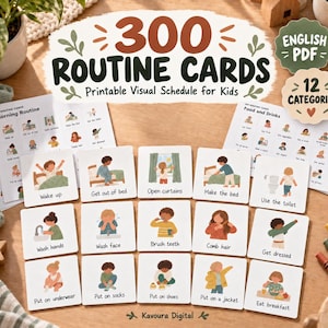 May include: A set of 300 printable routine cards for kids featuring 12 categories. The cards display illustrations of daily tasks like waking up, brushing teeth, and getting dressed, with text labels below each image. Includes sheets of cards.