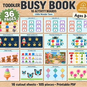 Puede incluir: Un libro de actividades digital para niños pequeños con 16 tableros y 36 páginas. El PDF imprimible incluye juegos educativos como emparejar letras, contar cohetes, talleres de formas, clasificar ositos y ordenar colores.
