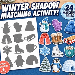 Puede incluir: Una actividad de emparejar sombras de invierno con 24 pares. El conjunto incluye ilustraciones de un muñeco de nieve, manoplas moradas, un gorro azul, una bufanda roja, botas de invierno, un trineo, un copo de nieve, un patín, una taza, un pino, un pingüino y un iglú.