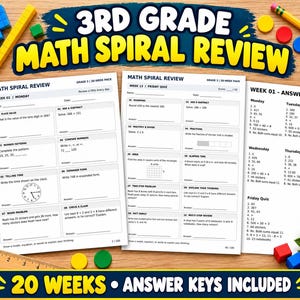 Może przedstawiać: Zestaw edukacyjny 3rd Grade Math Spiral Review zawierający 20 tygodni arkuszy ćwiczeń i klucze odpowiedzi. Strony zawierają zadania matematyczne dotyczące wartości pozycyjnej, dodawania, odejmowania, mnożenia, dzielenia i ułamków.