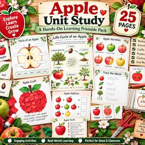 May include: A 25-page Apple Unit Study printable pack featuring educational worksheets, flashcards, and craft activities. The set includes diagrams of apple parts, life cycles, variety charts, addition math problems, and word tracing exercises.