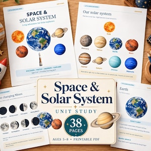 May include: A printable educational unit study titled Space & Solar System, consisting of 38 pages for ages 5-8. The pages feature illustrations of the Sun, planets, moon phases, and Earth, with text labels and descriptive facts about space.