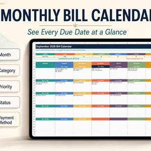 Puede incluir: Un calendario mensual de facturas digital en la pantalla de una tableta, con una cuadrícula de septiembre de 2026 con columnas codificadas por colores para mes, categoría, prioridad, estado y método de pago, y una barra lateral.