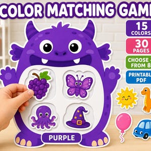 May include: A colour matching game featuring a large purple monster character with a white board containing four purple icons: grapes, a butterfly, an octopus, and a wizard hat. Text includes COLOUR MATCHING GAME, 15 COLOURS, 30 PAGES, and PURPLE.