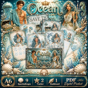 Peut inclure: Un ensemble de produits numériques intitulé Ocean of Hidden Riches avec des illustrations d'un triton et d'une sirène avec des tridents, des méduses, des dauphins et des coquillages. Inclut 9 défis d'épargne, 2 trackers et 1 tableau de bord A6.