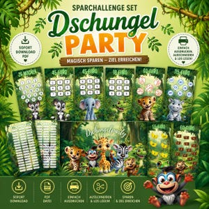May include: A digital savings challenge set titled Dschungel Party featuring various jungle animal illustrations, including a leopard, elephant, and monkey. The set includes multiple printable challenge cards with numbered boxes, dice, and banana icons for tracking financial goals.