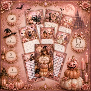 Könnte beinhalten: Eine digitale Sammlung von Halloween-Schreibwaren in Rosatönen mit Illustrationen von Kürbissen, Hexen, Geistern und Schlössern. Das Set enthält A6-Blätter, sieben Challenges, zwei Tracker, ein Dashboard und ein PDF-Download-Symbol.