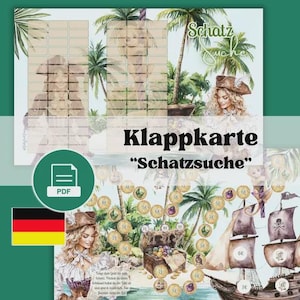 May include: A printable PDF game card titled Schatzsuche featuring a pirate theme with illustrations of a pirate, palm trees, a treasure chest, and a ship. The design includes a winding path of gold coins with numerical values and German text.