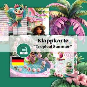 Könnte beinhalten: Eine digitale Illustration mit tropischem Thema. Sie zeigt einen bunten Vogel, ein rosa Haus mit dem Text "Tropical Summer", ein Mädchen mit Hut und eine Palme mit rosa Blättern. Der Text "Klappkarte Tropical Summer" ist ebenfalls vorhanden.