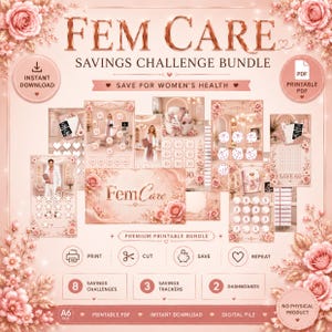 Könnte beinhalten: Ein digitales Fem Care Spar-Challenge-Paket in Roségold mit floralen Akzenten. Das Set enthält acht Spar-Challenges, drei Tracker und zwei Dashboards im A6-Format, die als druckbare PDF-Dateien zum sofortigen Herunterladen bereitgestellt werden.