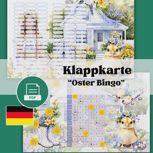 May include: A printable Easter Bingo game card featuring watercolor illustrations of a house, yellow chicks wearing flower crowns, butterflies, and floral arrangements. The text reads Oster Bingo and Klappkarte Oster Bingo with a PDF icon.